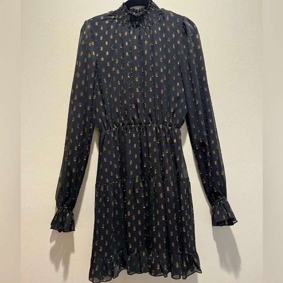 o.p.t Dresses & Skirts - EUC O.P.T Stunning Black & Gold Long Sleeve Sheer Turtleneck Dress